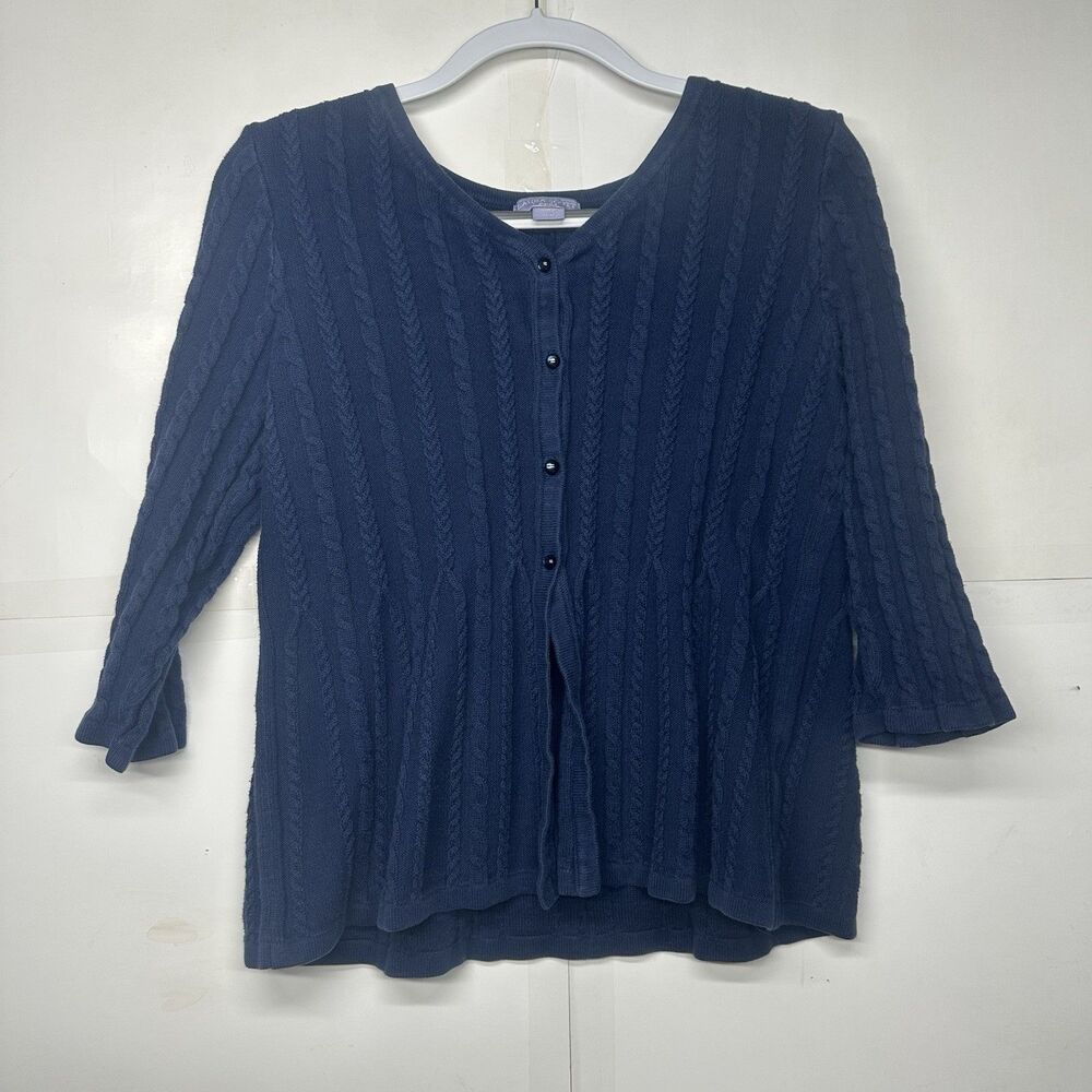 Laura Scott Petite Large Blue Cable Knit Button Front Cardigan Sweater